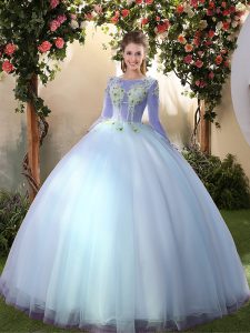 Big Puffy Long Sleeves Tulle Floor Length Lace Up Vestidos de Quinceanera in Light Blue with Appliques