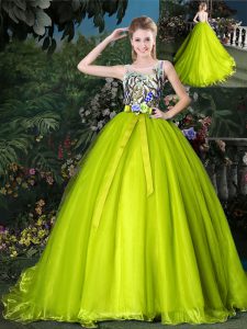 Court Train Scoop Yellow Green Sleeveless Beading and Appliques and Belt Lace Up Sweet 16 Dress