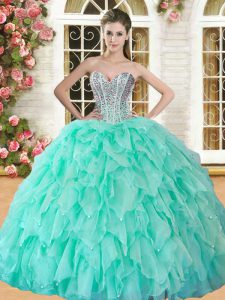 Apple Green Ball Gowns Sweetheart Sleeveless Organza Floor Length Lace Up Beading and Ruffles Sweet 16 Dress