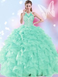 Halter Top Sleeveless Organza Quinceanera Gown Beading and Ruffles Lace Up