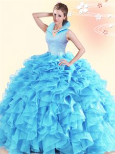 Aqua Blue Ball Gowns High-neck Sleeveless Organza Floor Length Backless Beading and Ruffles Sweet 16 Dresses