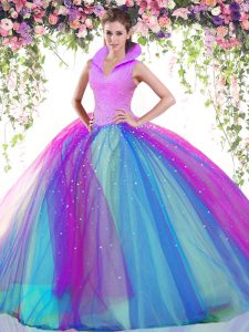 Multi-color Sleeveless Tulle Backless Quince Ball Gowns for Military Ball and Sweet 16 and Quinceanera