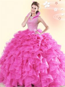 Glittering Hot Pink Ball Gowns Organza High-neck Sleeveless Beading and Ruffles Floor Length Backless Sweet 16 Dresses