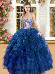Elegant Floor Length Lace Up Sweet 16 Dress Royal Blue for Military Ball and Sweet 16 and Quinceanera with Beading and Ruffles and Ruffled Layers