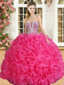 Lovely Ball Gowns 15th Birthday Dress Hot Pink Sweetheart Organza Sleeveless Floor Length Lace Up