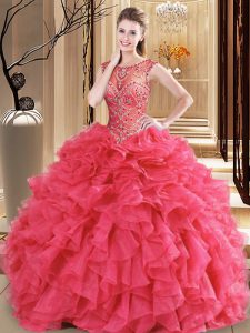 New Arrival Coral Red Sweet 16 Dress Military Ball and Sweet 16 and Quinceanera and For with Beading and Ruffles Scoop Sleeveless Lace Up