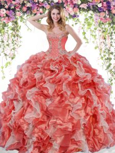 Sumptuous White And Red Ball Gowns Sweetheart Sleeveless Organza Floor Length Lace Up Beading and Ruffles Quince Ball Gowns