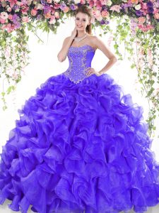 Fitting Organza Sweetheart Sleeveless Sweep Train Lace Up Beading and Ruffles Quince Ball Gowns in Purple