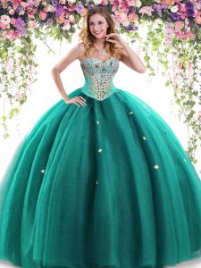 Exceptional Sleeveless Tulle Floor Length Lace Up Sweet 16 Dress in Dark Green with Beading