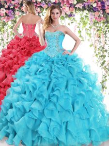 Smart Baby Blue Ball Gowns Beading and Ruffles 15 Quinceanera Dress Lace Up Organza Sleeveless