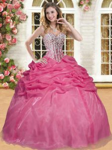 Superior Coral Red Organza Lace Up Sweetheart Sleeveless Floor Length 15 Quinceanera Dress Beading and Pick Ups