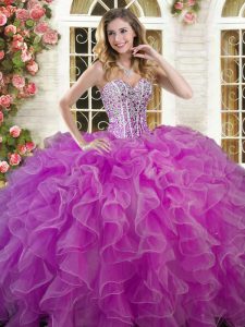 Elegant Sleeveless Organza Floor Length Lace Up Sweet 16 Quinceanera Dress in Lilac with Beading and Ruffles