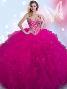 Beautiful Ball Gowns Vestidos de Quinceanera Fuchsia Sweetheart Tulle Sleeveless Floor Length Lace Up