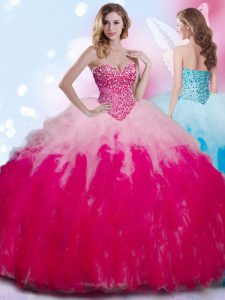 Unique Sweetheart Sleeveless 15 Quinceanera Dress Floor Length Beading and Ruffles Multi-color Tulle