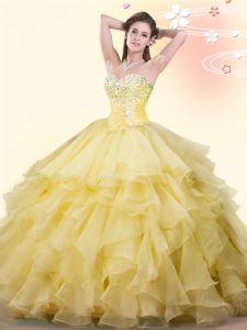 Yellow Ball Gowns Beading and Ruffles Sweet 16 Quinceanera Dress Lace Up Organza Sleeveless Floor Length