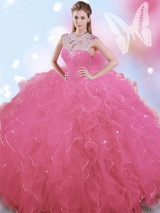 Affordable Ball Gowns Quince Ball Gowns Rose Pink High-neck Tulle Sleeveless Floor Length Zipper