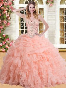 Exquisite Pick Ups Sweetheart Sleeveless Lace Up Vestidos de Quinceanera Peach Organza