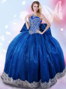 Halter Top Sleeveless Taffeta Floor Length Lace Up Quinceanera Dress in Royal Blue with Beading and Bowknot