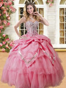 Decent Watermelon Red Sweetheart Lace Up Beading and Pick Ups Sweet 16 Dresses Sleeveless