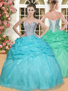 Pick Ups Floor Length Aqua Blue Quince Ball Gowns Sweetheart Sleeveless Lace Up