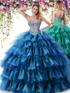 Super Teal Lace Up Quince Ball Gowns Beading and Ruffled Layers Sleeveless Floor Length