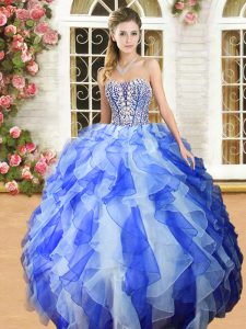 Colorful Blue And White Lace Up Sweetheart Beading and Ruffles 15 Quinceanera Dress Organza Sleeveless