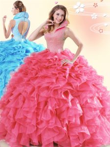 Pretty Sleeveless Organza Floor Length Backless Sweet 16 Dress in Coral Red with Beading and Ruffles