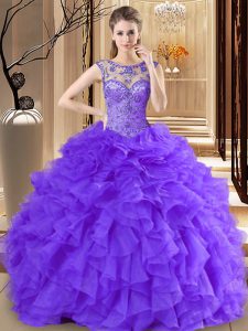 Clearance Purple Scoop Neckline Beading and Ruffles Quinceanera Dress Sleeveless Lace Up