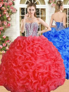 Flare Sleeveless Floor Length Beading and Ruffles Lace Up Ball Gown Prom Dress with Red