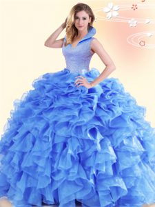 Backless Blue Sleeveless Beading and Ruffles Floor Length 15th Birthday Dress
