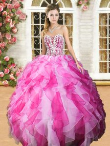 Pink And White Ball Gowns Sweetheart Sleeveless Organza Floor Length Lace Up Beading and Ruffles Quinceanera Gowns