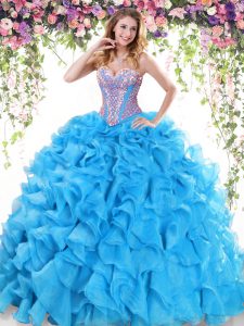 Enchanting Sweetheart Sleeveless Sweep Train Lace Up Quinceanera Gown Baby Blue Organza