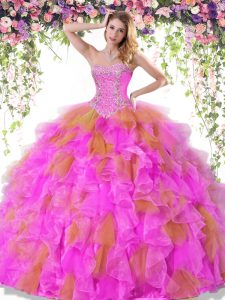 Dramatic Sweetheart Sleeveless Organza Ball Gown Prom Dress Beading and Ruffles Lace Up
