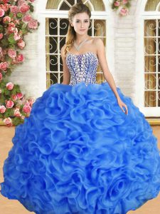 Blue Ball Gowns Organza Sweetheart Sleeveless Beading and Ruffles Floor Length Lace Up Quinceanera Gown