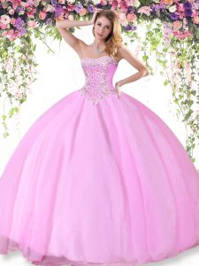 Super Rose Pink Sleeveless Tulle Lace Up Sweet 16 Quinceanera Dress for Military Ball and Sweet 16 and Quinceanera