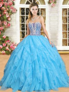 Cheap Aqua Blue Sweetheart Neckline Beading and Ruffles Quince Ball Gowns Sleeveless Lace Up