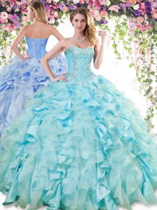 Wonderful Sleeveless Organza and Taffeta Floor Length Lace Up Quinceanera Gowns in Baby Blue with Ruffles
