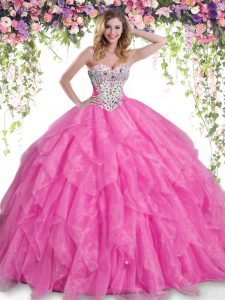 Latest Hot Pink Organza Lace Up Sweetheart Sleeveless Floor Length Sweet 16 Dresses Beading and Ruffles
