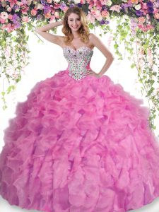 Extravagant Rose Pink Sweetheart Neckline Beading and Ruffles Quinceanera Dress Sleeveless Lace Up