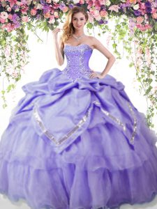 Discount Floor Length Lavender Sweet 16 Dress Organza and Taffeta Sleeveless Beading and Pick Ups