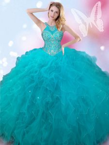 Halter Top Floor Length Teal Quinceanera Gowns Tulle Sleeveless Beading