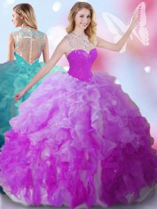 Sleeveless Tulle Floor Length Zipper Sweet 16 Quinceanera Dress in Multi-color with Beading
