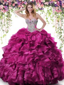 Noble Fuchsia Lace Up Ball Gown Prom Dress Beading and Ruffles Sleeveless Floor Length