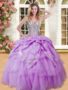 Designer Floor Length Lace Up Vestidos de Quinceanera Lilac for Military Ball and Sweet 16 and Quinceanera with Beading and Pick Ups