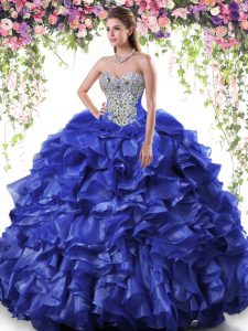 Stylish Royal Blue Organza Lace Up Vestidos de Quinceanera Sleeveless Floor Length Beading and Ruffles
