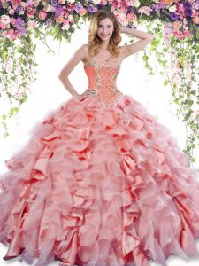 Sleeveless Floor Length Beading and Ruffles Lace Up Sweet 16 Quinceanera Dress with Watermelon Red