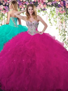 Perfect Fuchsia Tulle Lace Up Sweetheart Sleeveless Floor Length Sweet 16 Dresses Beading and Ruffles