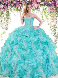 Adorable Blue And White Lace Up Sweetheart Beading and Ruffles Quinceanera Dress Organza Sleeveless