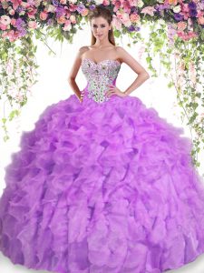 Shining Lilac Ball Gowns Beading and Ruffles Quinceanera Dress Lace Up Organza Sleeveless Floor Length