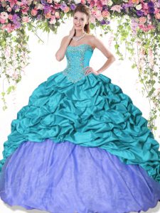 High End Taffeta Sweetheart Sleeveless Lace Up Beading and Pick Ups Quince Ball Gowns in Turquoise and Lavender